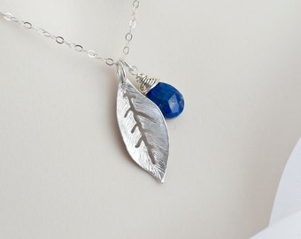 Blue Lapis Lazuli Necklace, Blue Lapis Lazuli and Rhodium Plated Leaf Necklace, Bridesmaids Necklace