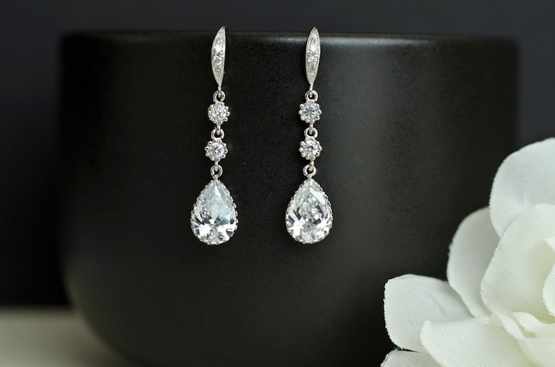 Bridal Earrings Cubic Zirconia Earwires, Cubic Zirconia Connectors and Teardrop Bridal Earrings, Cubic Zirconia Silver Wedding Jewelry image 3