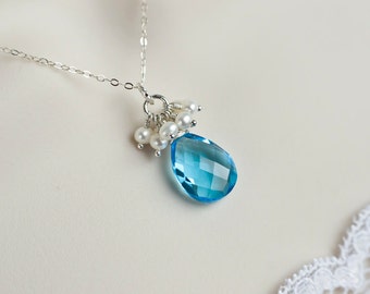 Bridesmaids Necklace, Apatite Blue Quartz and Freshwater Pearls Cluster Sterling Silver Necklace