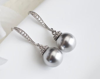 Bridesmaids Earrings, Gray Pearl Earrings, Bridal Pearl Earrings, Light Gray Wedding Earrings, Light Gray Pearls and Cubic Zirconia Earrings