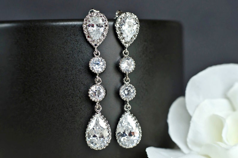 Bridal Earrings Cubic Zirconia Ear Posts, Cubic Zirconia Connectors and Large Cubic Zirconia Crystal Tear Drops image 1