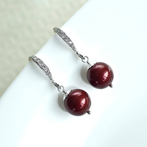 Burgundy Swarovski Pearls Bridesmaid Earrings, Marsala Wedding Jewelry, Swarovski Pearls and CZ Bridesmaid Earrings, Marsala Wedding Color image 2