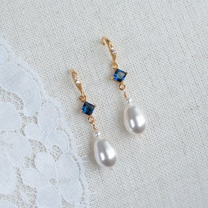 Blue Sapphire Gold Earrings, Pearl/Sapphire CZ Earrings, Something Blue Earrings, Wedding Jewelry, Bridal Jewelry, Sapphire Pearl Earrings