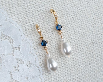 Blue Sapphire Gold Earrings, Pearl/Sapphire CZ Earrings, Something Blue Earrings, Wedding Jewelry, Bridal Jewelry, Sapphire Pearl Earrings