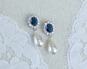 Blue Sapphire Bridal Earrings, Sapphire Bridal Earrings, CZ Blue Sapphire Pearl Stud Earrings, Round CZ Swarovski Pearls Stud Earrings