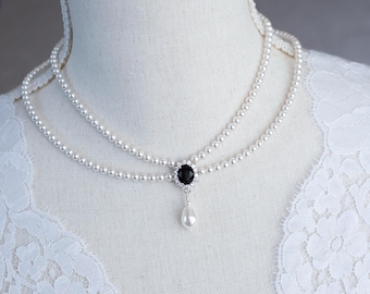 Vintage, Romantic Style Black Necklace, Wedding Pearl and Black Crystal Bridal Choker,  Multi Row Vintage Swarovski Pearl Necklace