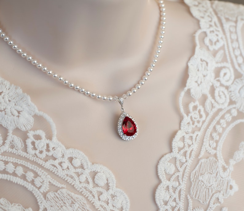 Collier rubis rouge, collier de mariée, collier de perles de mariée et goutte d'eau rubis rouge, collier siam rouge, bijoux de mariée de mariage image 2