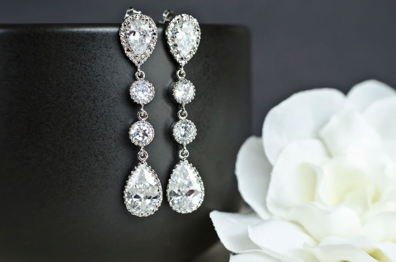 Bridal Earrings Cubic Zirconia Ear Posts, Cubic Zirconia Connectors and Large Cubic Zirconia Crystal Tear Drops image 3