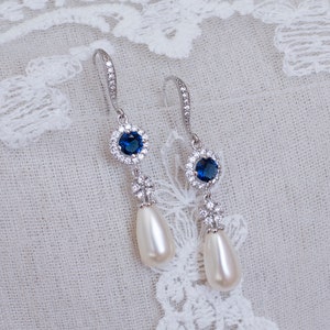 Blue Sapphire Earrings, Bridal Earrings, Bridal Pearl and Blue Sapphire Earrings, Something Blue Earrings, Wedding Jewelry, Bridal Jewelry