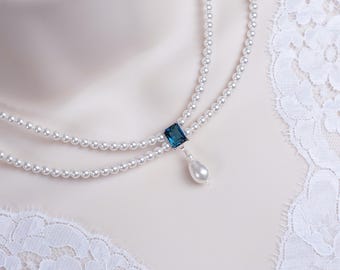 Vintage, Romantic Style Blue Sapphire Necklace, Wedding Pearl and Sapphire CZ Bridal Choker,  Multi Row Vintage Swarovski Pearl Necklace