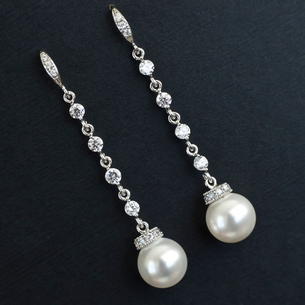 Bridal Earrings, Bridal Pearl earrings, Cubic Zirconia Bridal Pearl Earrings, Long Dangle Bridal Pearl Earrings, Bride Bridal Pearl Jewelry