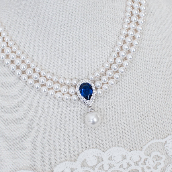 Collier saphir de style vintage, perle de mariage et tour de cou nuptial Sapphire CZ, collier de perles vintage Something Blue CZ Sapphire Multi Row