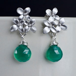 Emerald Green Quartz Earrings, Silver Cherry Blossom Earrings .925 Sterling Silver Earring Post