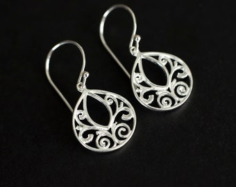 Sterling Silver Filigree Teardrop Earrings, Oriental Filigree Earrings.