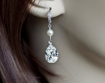 Boucles d’oreilles de mariée, boucles d’oreilles en perles de mariée, perles Swarovski blanches / ivoire et grandes boucles d’oreilles en cristal Swarovski