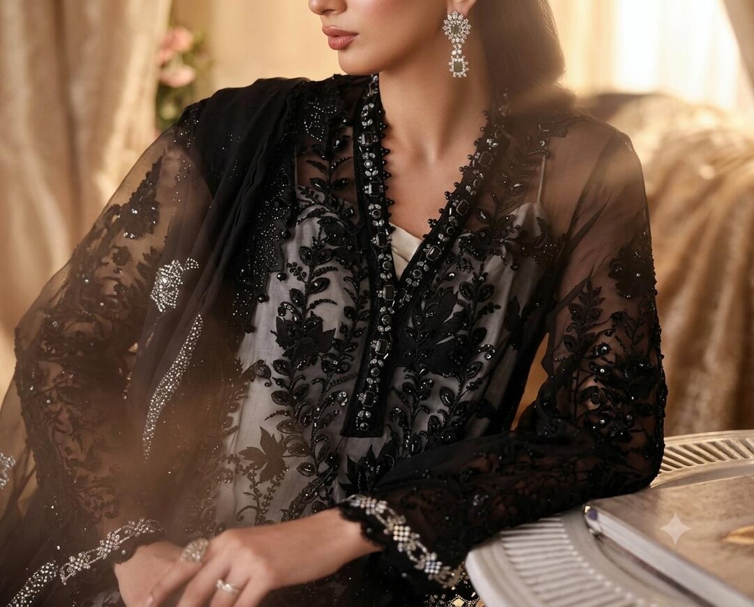 Luxury Pakistani Black Chiffon Dress| Party Wear| Formal Wear | Embrioded | Pakistani Dress | White and Black Embrioded Pakistani Dress