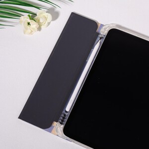 K&ouml;nnte beinhalten: Eine transparente Tableth&uuml;lle mit schwarzem Bildschirm und wei&szlig;em Stift. Die H&uuml;lle ist ge&ouml;ffnet und zeigt eine dunkelblaue Abdeckung mit floralem Muster. Wei&szlig;e Blumen und gr&uuml;ne Bl&auml;tter befinden sich in der oberen linken Ecke.