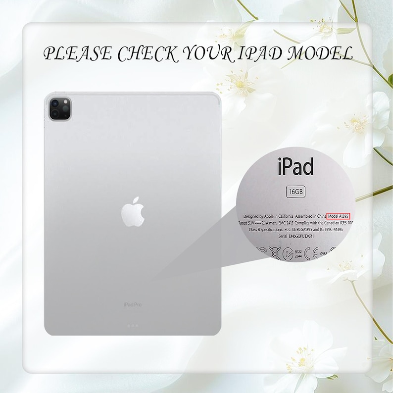 K&ouml;nnte beinhalten: Ein silbernes iPad Pro mit schwarzem Kameramodul und Apple-Logo. Das Bild enth&auml;lt eine Nahaufnahme der iPad-Spezifikationen, einschlie&szlig;lich des Textes "PLEASE CHECK YOUR IPAD MODEL" und der Modellnummer A1395.