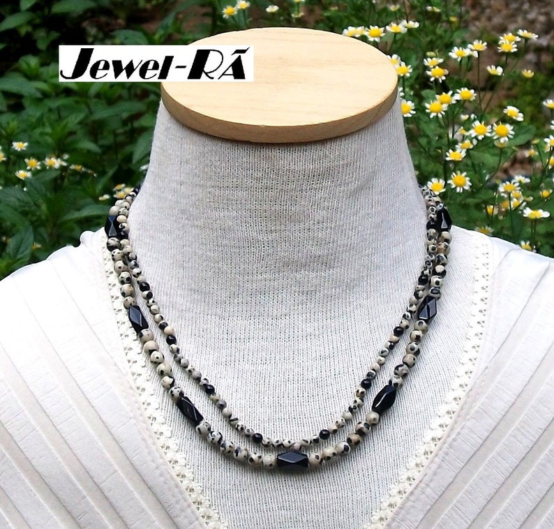 Dalmatian Quartz Jasper with black agate double strand Necklace Set