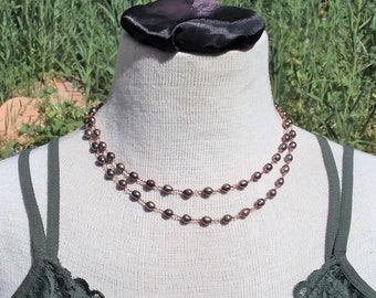 Dark Green Pearls Copper Wire, Green Pearl Necklace, Rosary Style Pearl Necklace, Double Strand Necklace, Wire Wrapped  #384