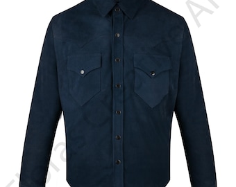 Chaqueta de gamuza azul marino para hombre: prenda exterior ajustada estilo western