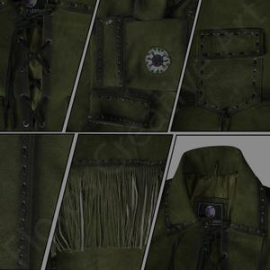 May include: Olive green leather jacket with intricate stitching and a fringed hem. Features include a lace-up front, multiple pockets, and a decorative patch. The jacket has a classic collar and a label that reads "LEATHER".