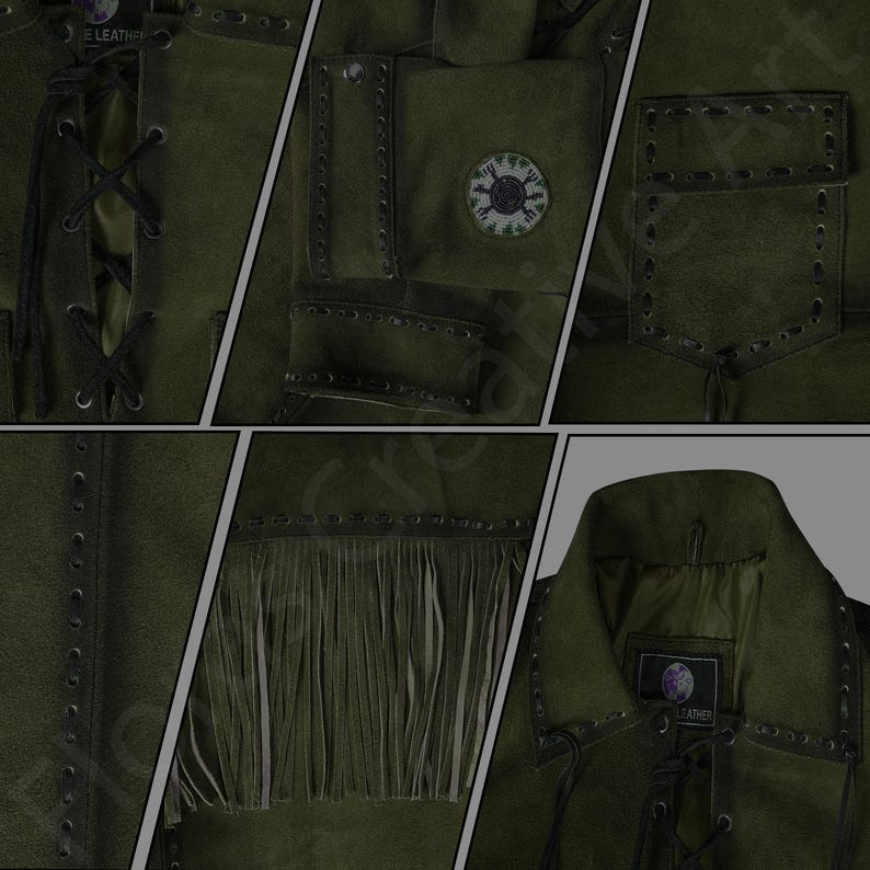May include: Olive green leather jacket with intricate stitching and a fringed hem. Features include a lace-up front, multiple pockets, and a decorative patch. The jacket has a classic collar and a label that reads "LEATHER".