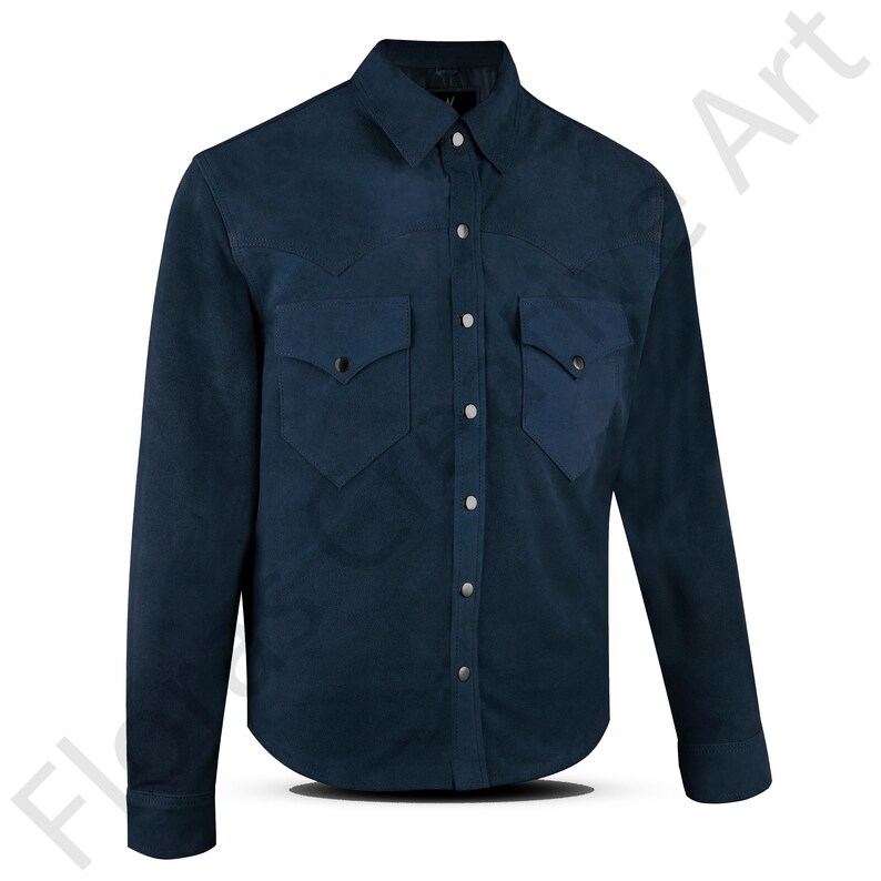 May include: A navy blue suede shirt with a classic Western design. It features two chest pockets with pointed flaps, a button-down front, and long sleeves. The shirt has a collared neckline and a tailored fit.
