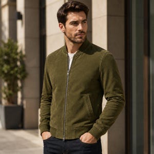 Puede incluir: Una chaqueta bomber de ante verde oliva con cremallera metálica plateada de longitud completa, cuello, puños y dobladillo acanalados. La chaqueta tiene dos bolsillos laterales y se lleva sobre una camiseta blanca con vaqueros azul oscuro.