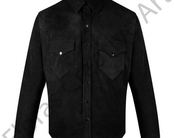 May include: A black suede shirt with long sleeves, a classic collar, and two chest pockets. The shirt features snap closures and decorative stitching on the shoulders and pockets, offering a Western-inspired design.