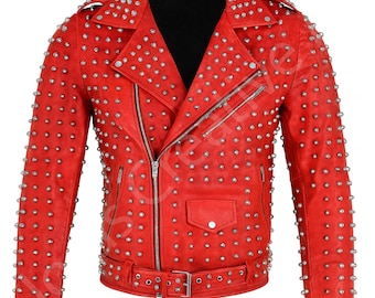 Red Studded Leather Biker Jacket for Men, Punk Rock Spiked Moto Coat
