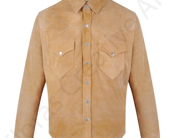 Men’s Tan Suede Leather Shirt Jacket Western Style Snap Button Cowboy Native Shirt