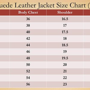 May include: A size chart for men's suede leather jackets, displaying measurements in inches. The chart includes sizes from XXXS to 5XL, with corresponding body chest, shoulder, and sleeve measurements. The chart is on a light brown background.