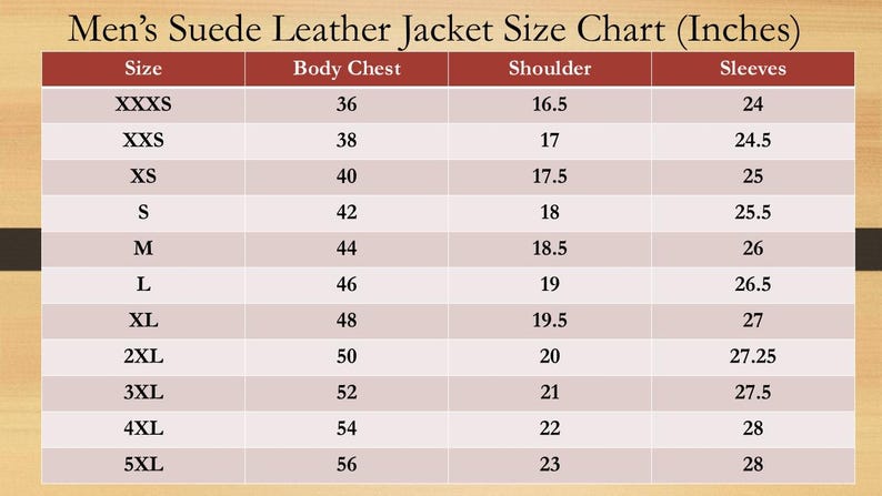 May include: A size chart for men's suede leather jackets, displaying measurements in inches. The chart includes sizes from XXXS to 5XL, with corresponding body chest, shoulder, and sleeve measurements. The chart is on a light brown background.
