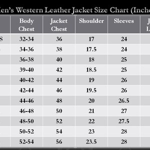 May include: A size chart for men's western leather jackets, displaying measurements in inches. The chart includes sizes from XXXS to 5XL, with corresponding body chest, jacket chest, shoulder, sleeve, and jacket length measurements.