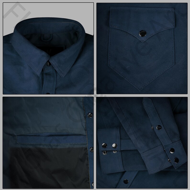 May include: Close-up shots of a navy blue shirt. The shirt features a classic collar, a chest pocket with a button closure, and buttoned cuffs. The fabric appears to be a suede-like material. The shirt has a tailored fit.