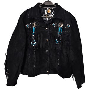 Vintage Black Suede Fringe Jacket: Beaded Western Cowboy Coat