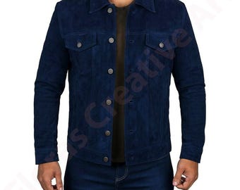 Chaqueta vaquera de ante azul marino para hombre / Abrigo vaquero de cuero suave hecho a mano