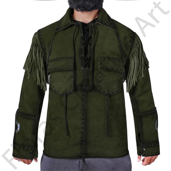 Handmade Suede Western Fringe Jacket: Olive Green Cowboy Style
