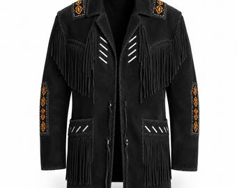 May include: A black jacket featuring long fringe detailing on the chest and pockets, white stitched accents, and orange and black geometric embroidery on the shoulders and sleeves. The garment includes a front tie closure with hanging leather cords.