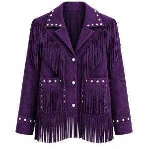 May include: A deep purple jacket featuring long fringe detailing across the chest, shoulders, and hem. The garment includes silver-toned metal studs along the lapels, pocket flaps, and cuffs, with a central button closure down the front.