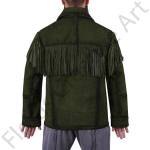 Back view of a handmade men's western fringe jacket made from green suede leather. Features long fringes across the shoulders, decorative stitching along seams, and a traditional cowboy design. Perfect for rodeo events, country festivals, and vintage western styling. Authentic Native American-inspired design with rugged craftsmanship.