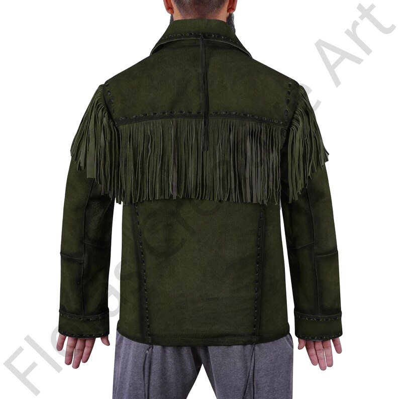 Back view of a handmade men's western fringe jacket made from green suede leather. Features long fringes across the shoulders, decorative stitching along seams, and a traditional cowboy design. Perfect for rodeo events, country festivals, and vintage western styling. Authentic Native American-inspired design with rugged craftsmanship.