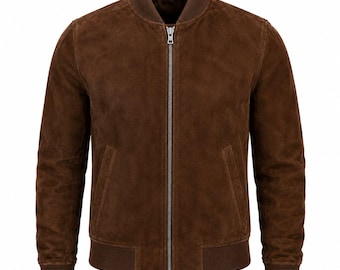May include: A dark brown suede bomber jacket featuring a ribbed collar, ribbed cuffs, and a ribbed hem. The jacket includes a central silver-toned metal zipper closure and two vertical side pockets, showcasing a soft, matte texture throughout.
