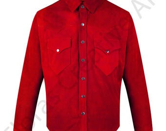 May include: A vibrant red suede shirt with long sleeves, a classic collar, and two chest pockets. The shirt features silver snap closures down the front and on the pockets, offering a Western-inspired design.