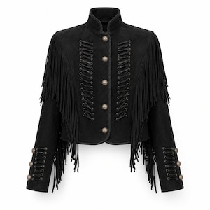 May include: A black jacket featuring long fringe detailing along the chest and sleeves. The front closure consists of four round metallic buttons, complemented by decorative black cord lacing. Each sleeve cuff is accented with three matching buttons.