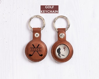 Custom Golf Player Airtag Keychain, Personalized Leather Airtag Holder for Him, Husband, Golf Fan Gift, Golf Team Bulk Gift Idea for Golfers
