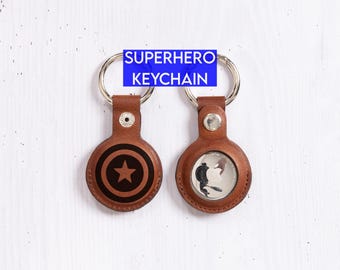 Personalized Superhero Airtag Case Holder Gift for Dad, Husband, Him, Boyfriend, Custom Leather Airtag Holder Bulk Gift, Superhero Bulk Gift