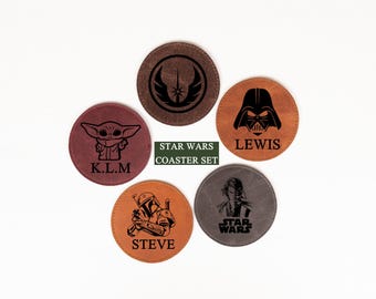 Personalized Star Wars Coaster Set Gift, Custom Engraved Leather Coaster Gift, Star Wars Bulk Gift, Birthday, Anniversary Gift Ideas
