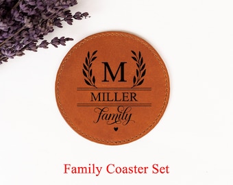 Custom Family Name Leather Coaster Gift, Best Thank You Gift for Family, Personalized Leather Coaster Gift, Custom Gift for Events